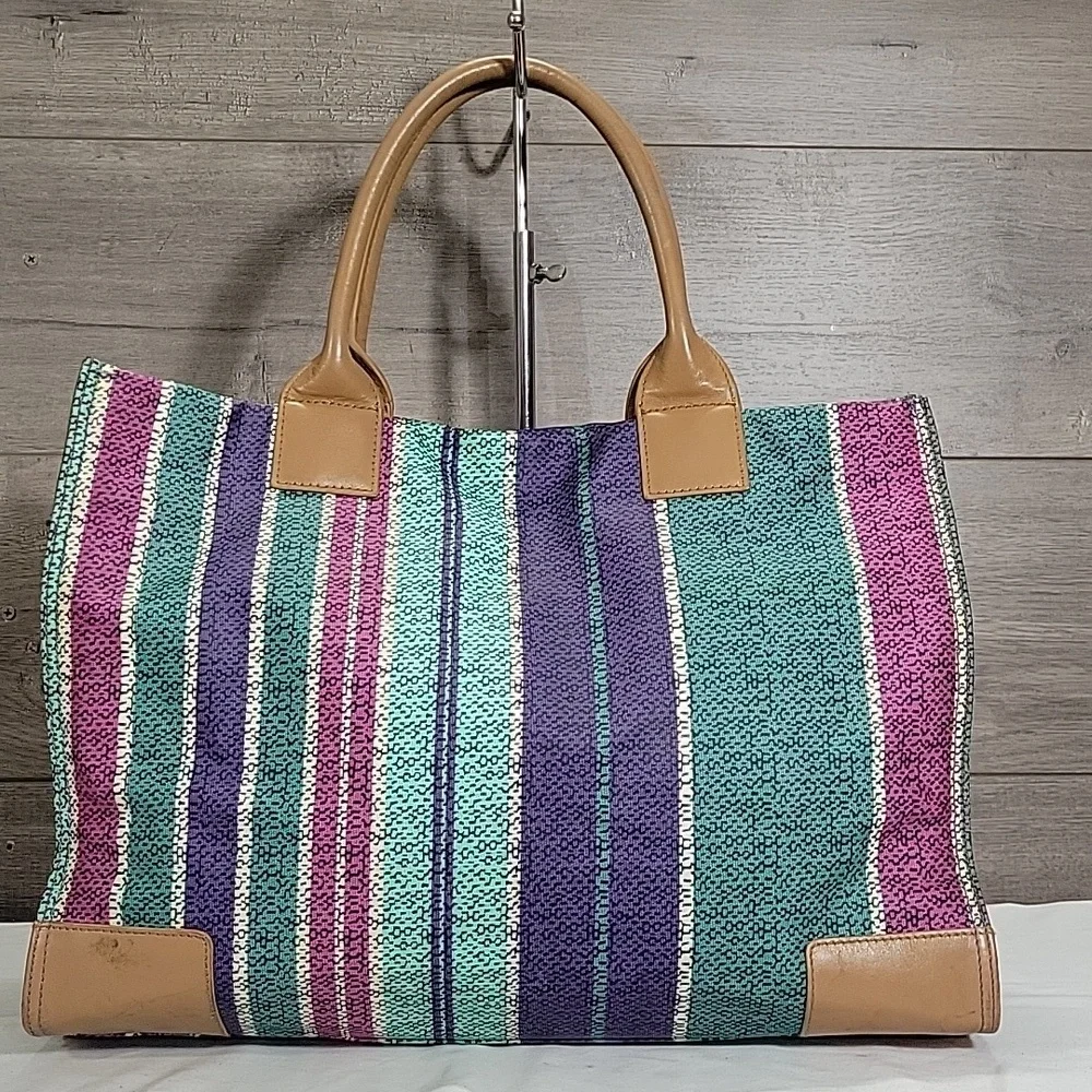Tory Burch Ella Purple and Green Striped Tote Bag